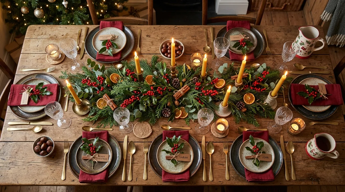 Rustic Christmas table with greenery, berries, and cinnamon sticks.